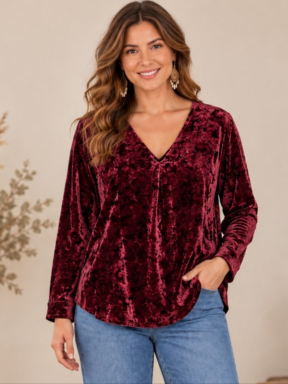 J. Jill Paisley Print Long Sleeve Velvet Top Artsy Feminine Bohemian Women's L